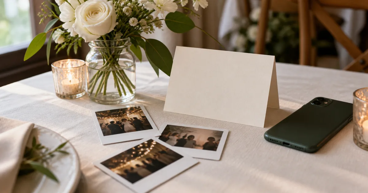 A blank wedding table card sits beside printed photos, white flowers, and a phone.